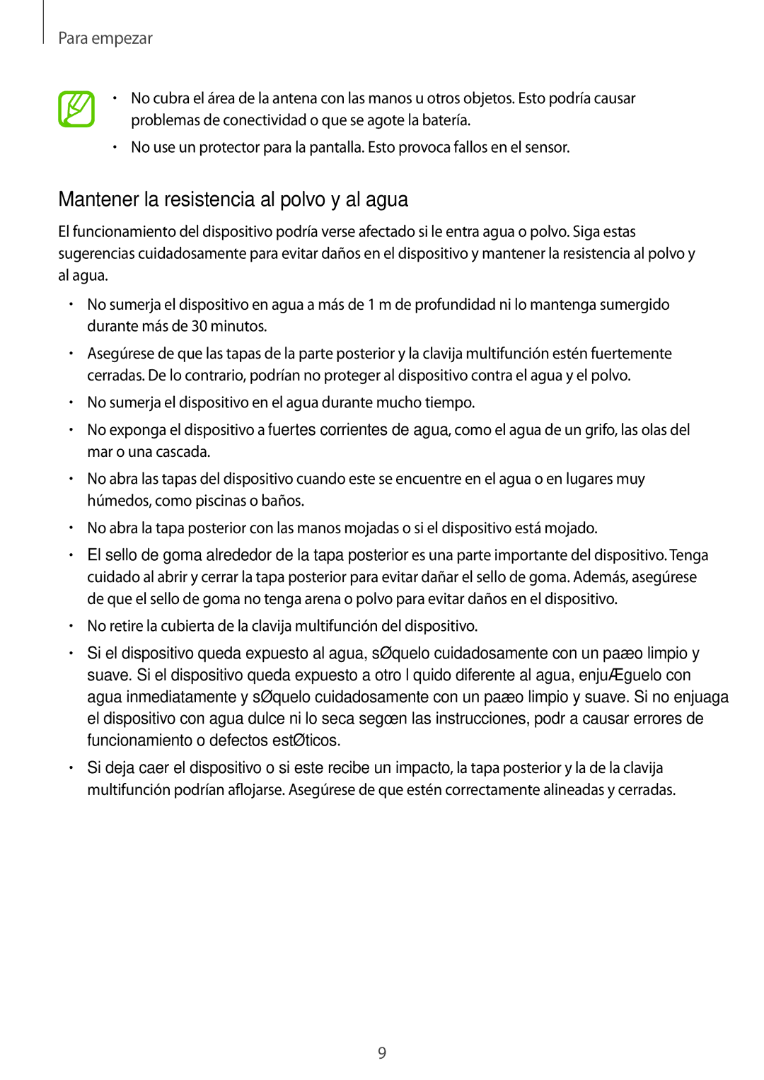 Samsung SM-G900FZBAITV, SM-G900FZKADBT, SM-G900FZWADBT manual Mantener la resistencia al polvo y al agua, Para empezar 