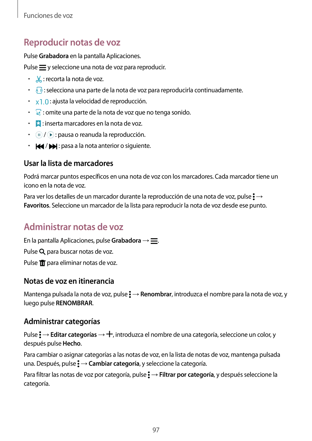 Samsung SM-G900FZWAATL, SM-G900FZKADBT manual Reproducir notas de voz, Administrar notas de voz, Usar la lista de marcadores 