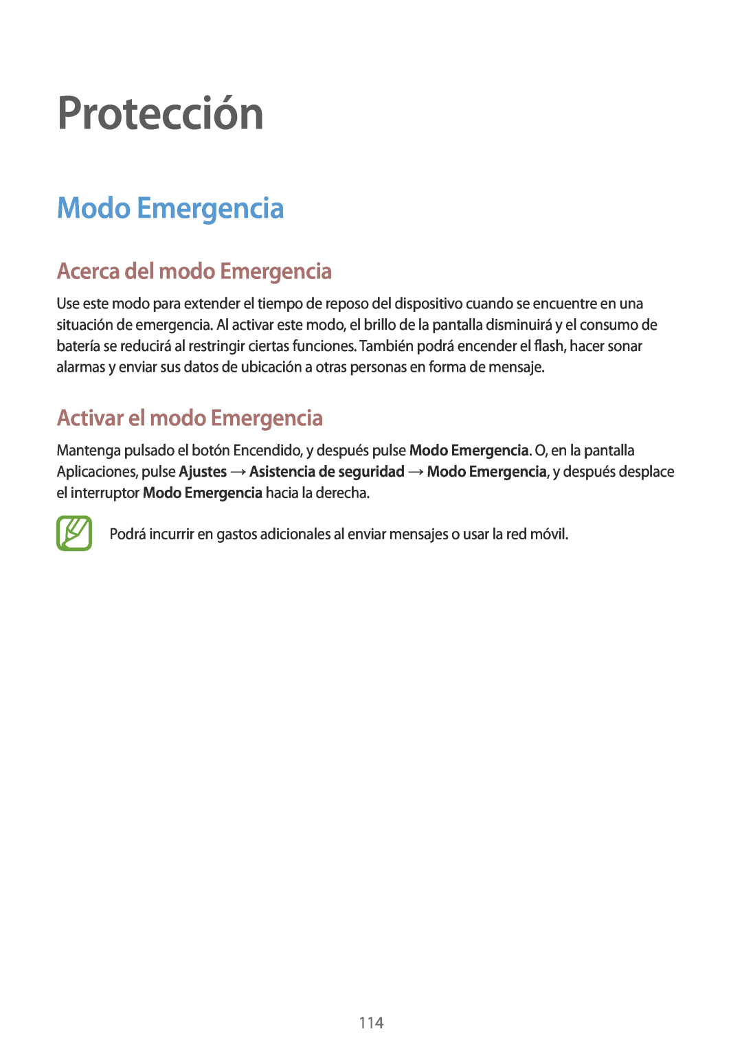 Samsung SM-G900FZDAROM, SM-G900FZKADBT Protección, Modo Emergencia, Acerca del modo Emergencia, Activar el modo Emergencia 