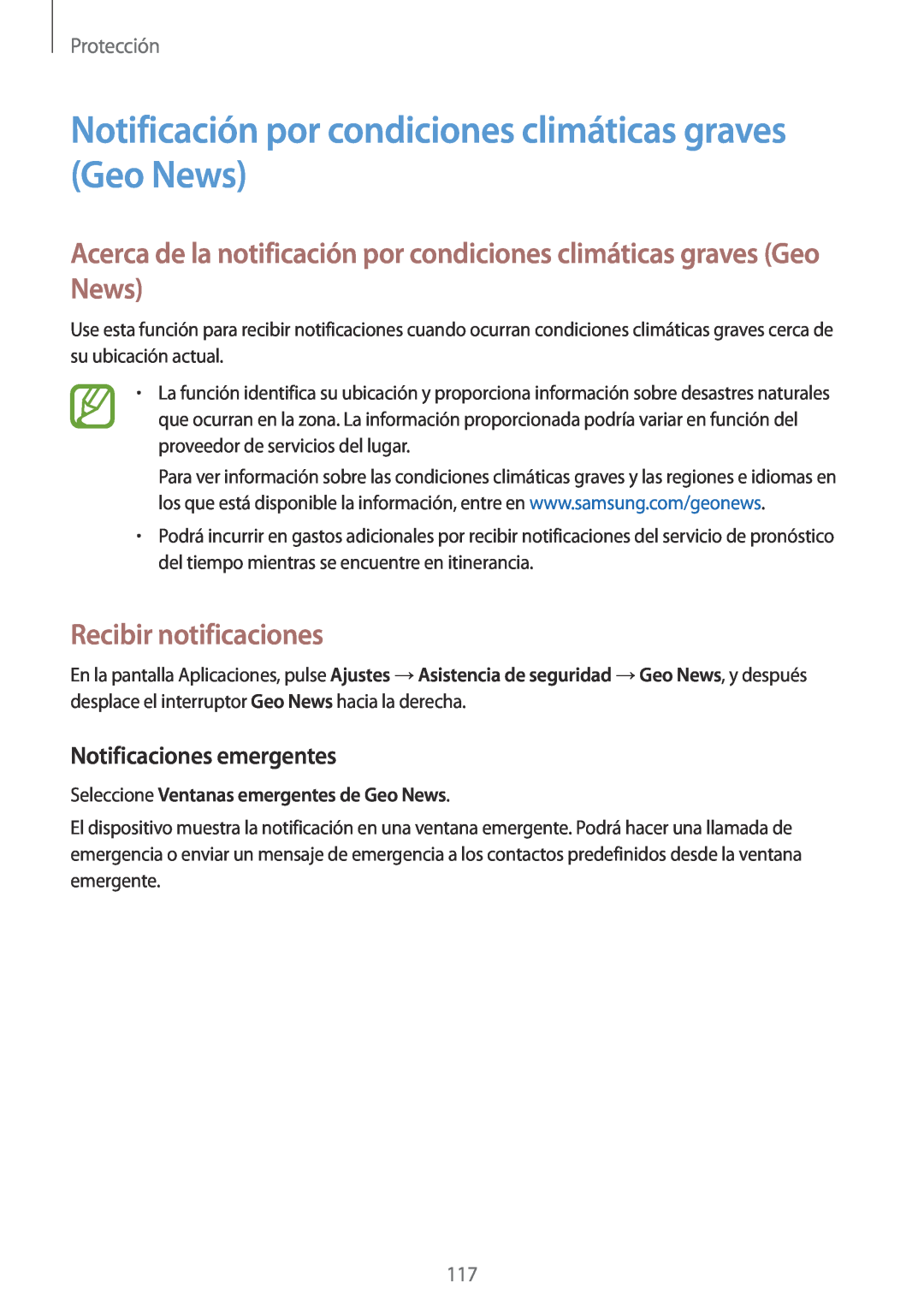 Samsung SM-G900FZDAXEH manual Notificación por condiciones climáticas graves Geo News, Recibir notificaciones, Protección 