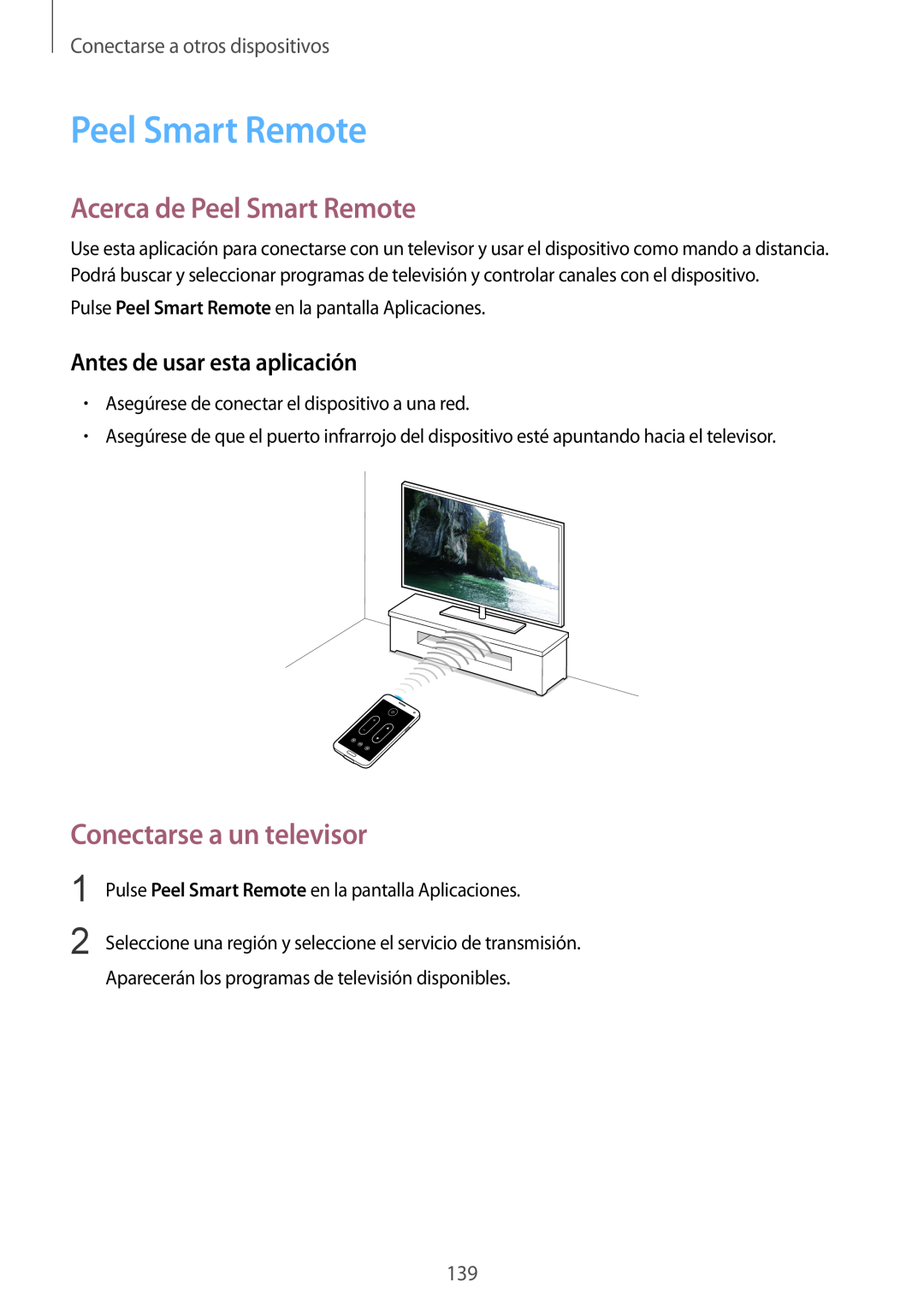 Samsung SM-G900FZKAETL manual Acerca de Peel Smart Remote, Conectarse a un televisor, Antes de usar esta aplicación 