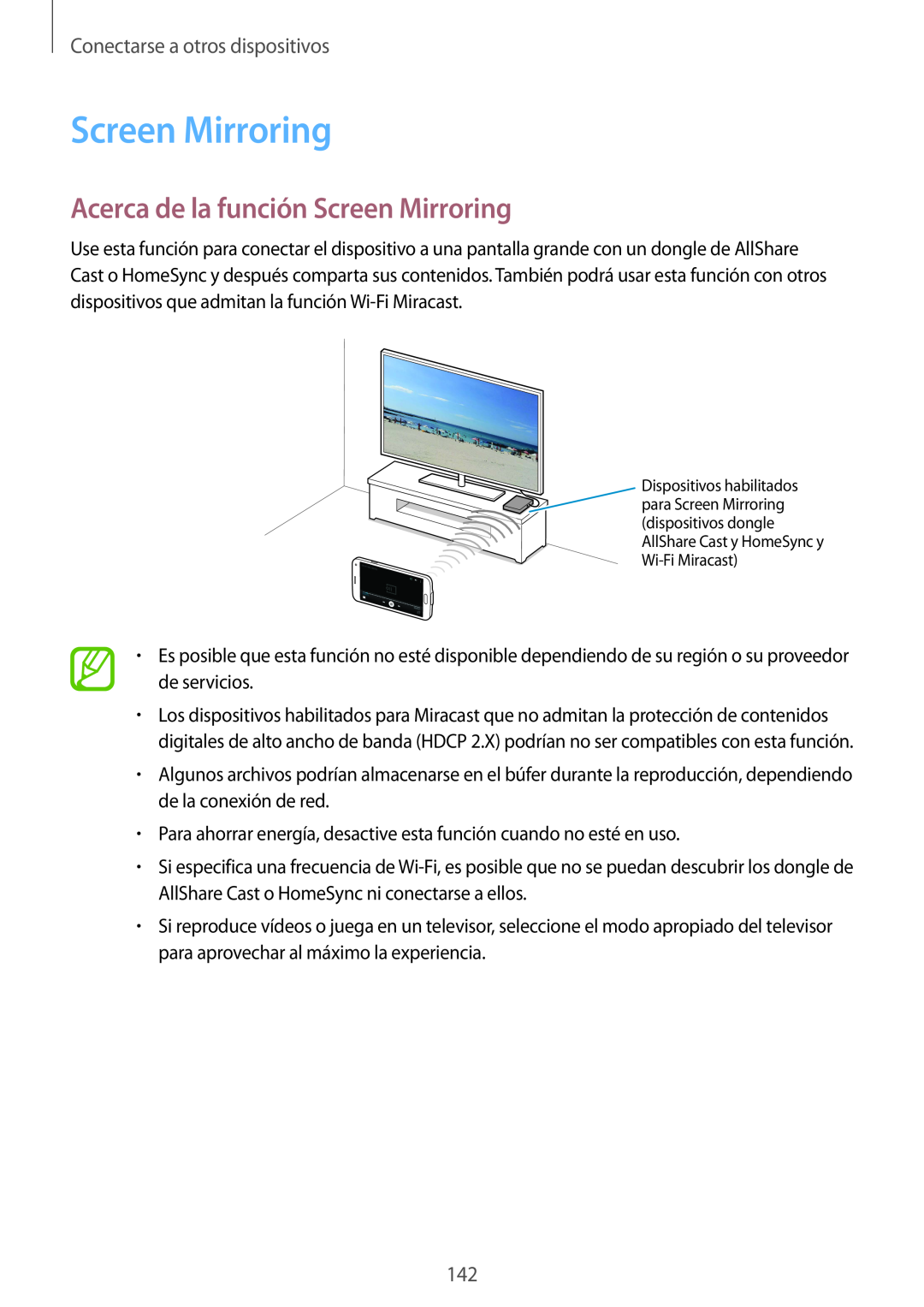 Samsung SM-G900FZBATPL, SM-G900FZKADBT manual Acerca de la función Screen Mirroring, Conectarse a otros dispositivos 
