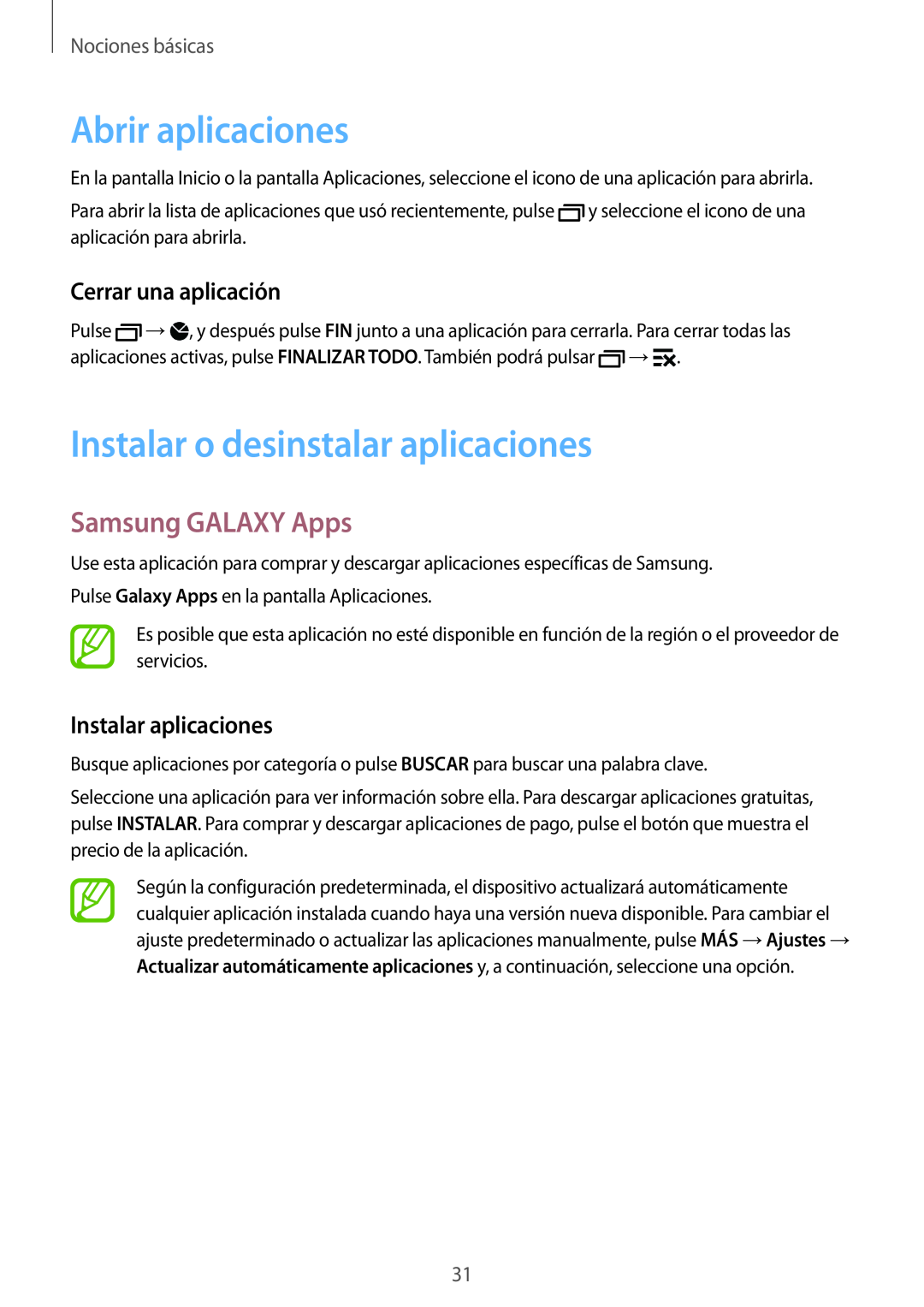 Samsung SM-G900FZBAPHE Abrir aplicaciones, Instalar o desinstalar aplicaciones, Samsung GALAXY Apps, Cerrar una aplicación 