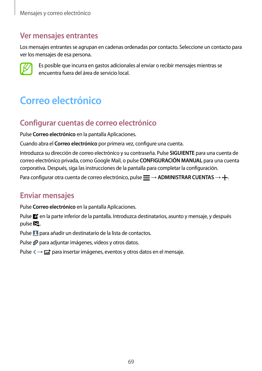 Samsung SM-G900FZKAAMO manual Correo electrónico, Ver mensajes entrantes, Configurar cuentas de correo electrónico 