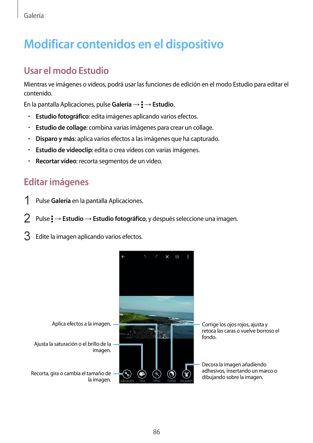 Samsung SM-G900FZWATPH manual Modificar contenidos en el dispositivo, Usar el modo Estudio, Editar imágenes, Galería 