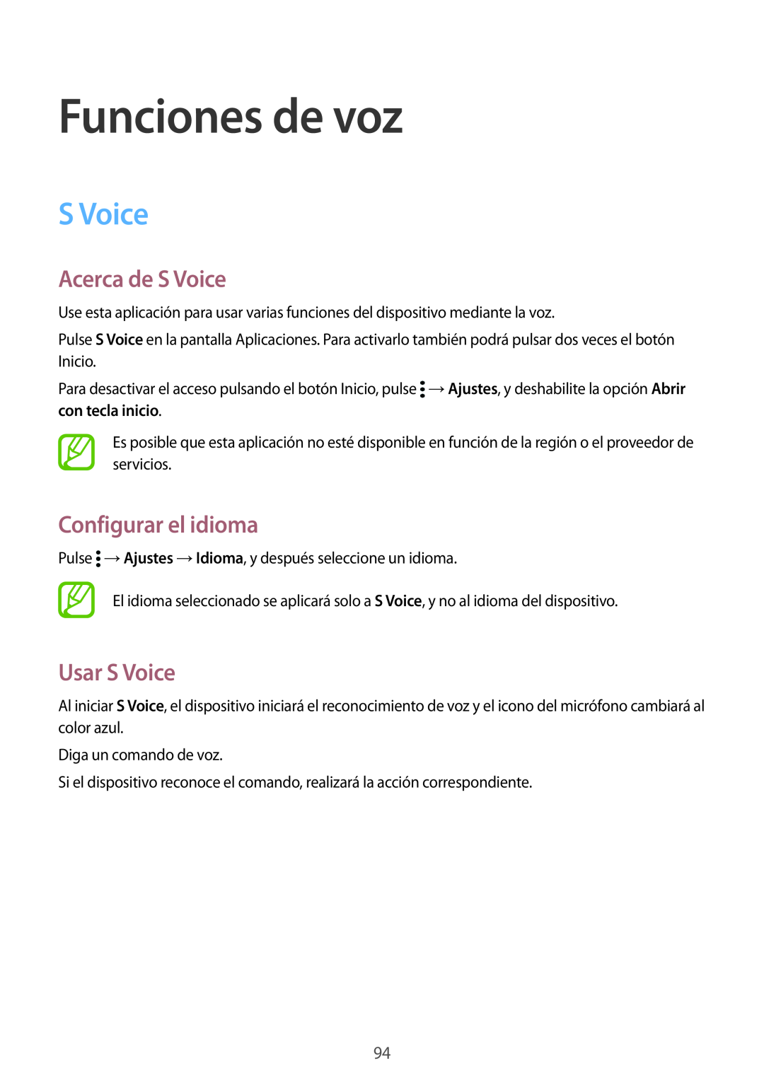 Samsung SM-G900FZKABTU, SM-G900FZKADBT manual Funciones de voz, Acerca de S Voice, Configurar el idioma, Usar S Voice 