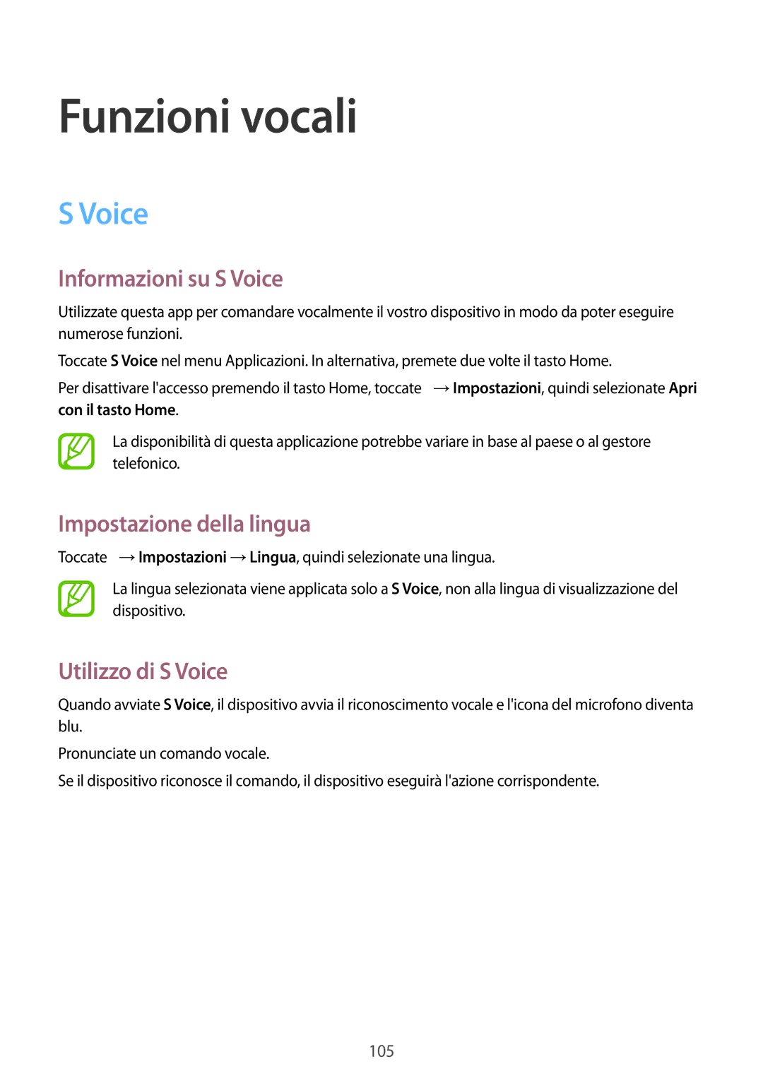 Samsung SM-G900FZDAOMN manual Funzioni vocali, Informazioni su S Voice, Impostazione della lingua, Utilizzo di S Voice 