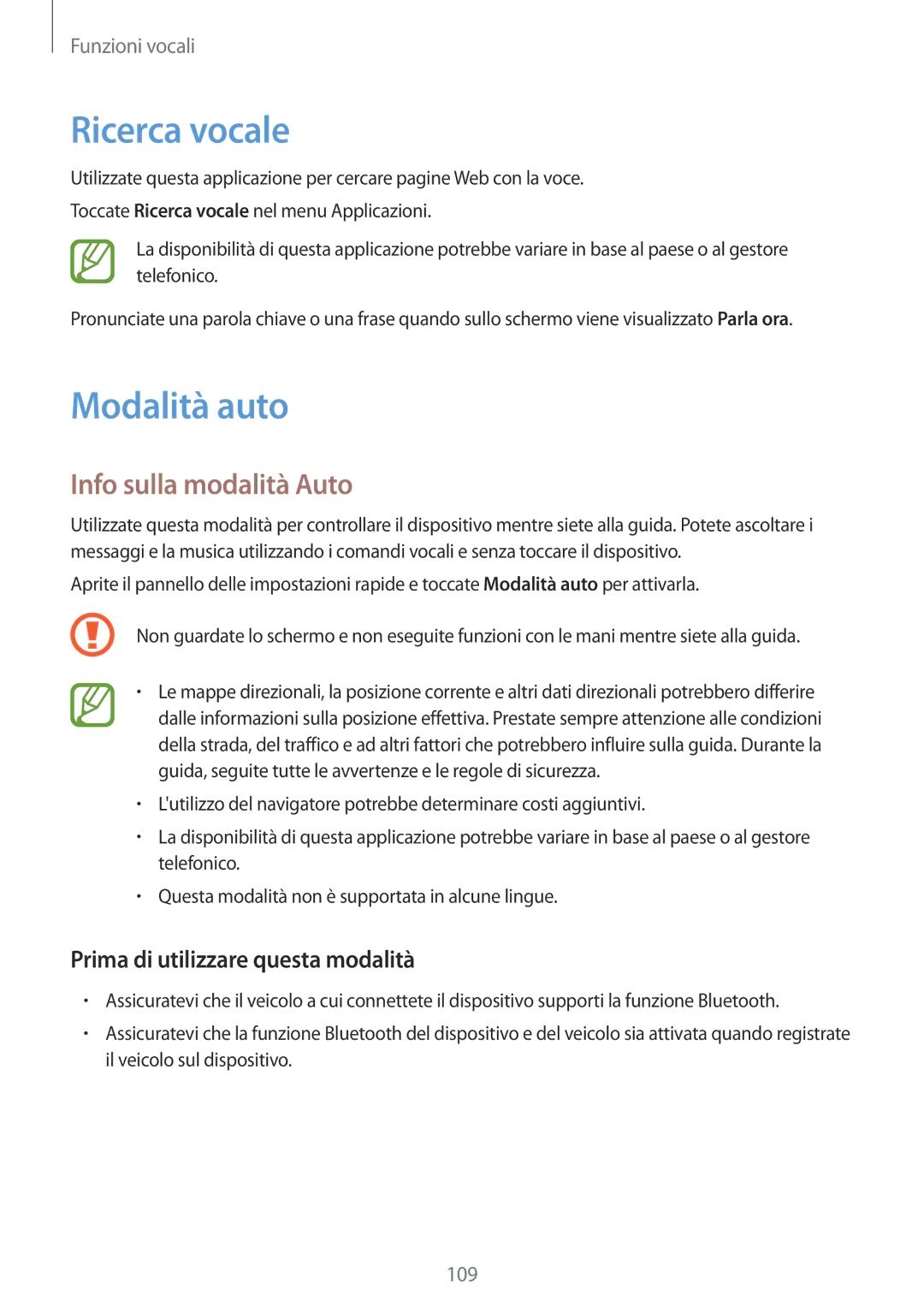 Samsung SM-G900FZWAWIN, SM-G900FZKADBT, SM-G900FZWADBT manual Ricerca vocale, Modalità auto, Info sulla modalità Auto 
