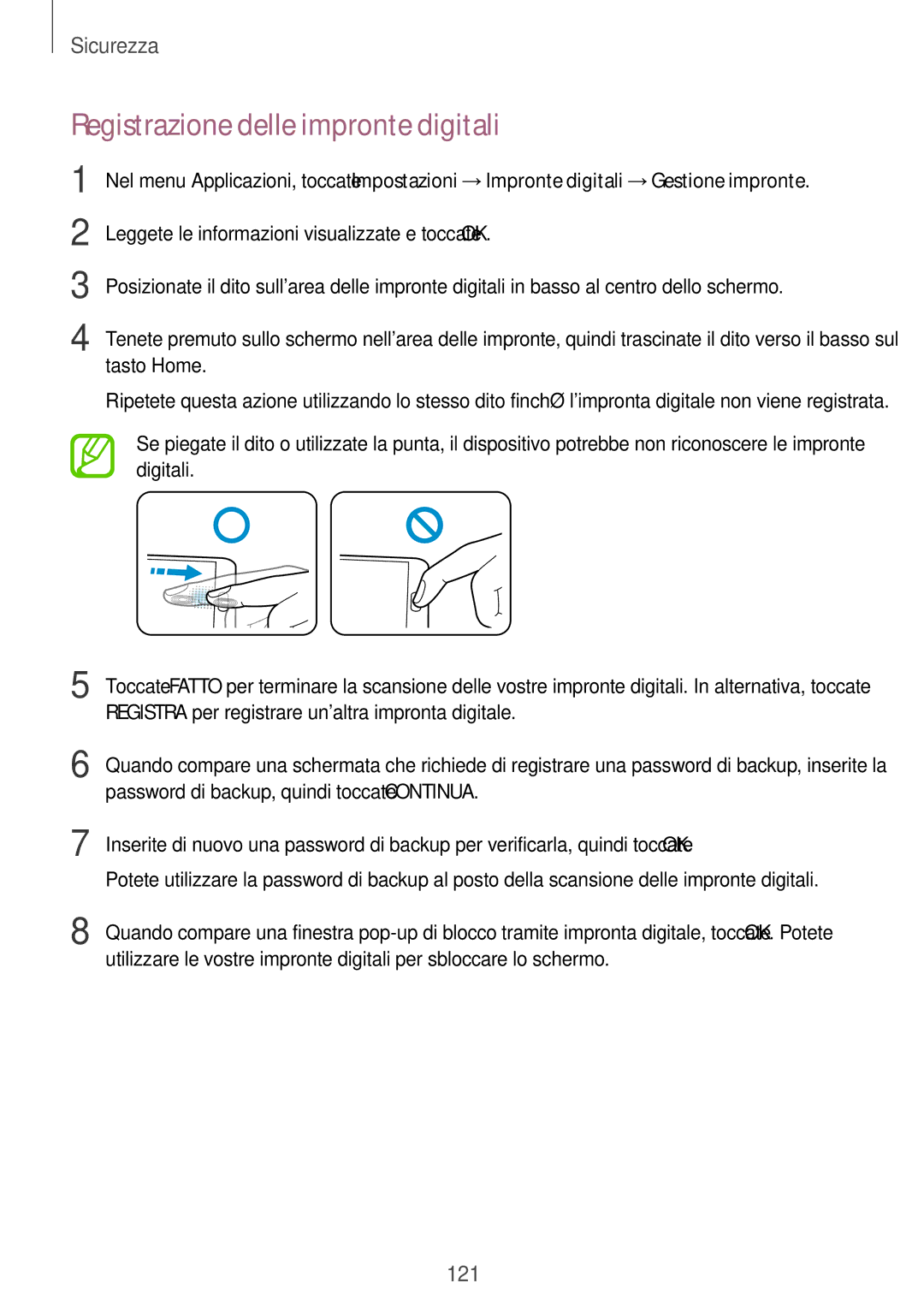 Samsung SM-G900FZWADBT manual Registrazione delle impronte digitali, Registra per registrare unaltra impronta digitale 