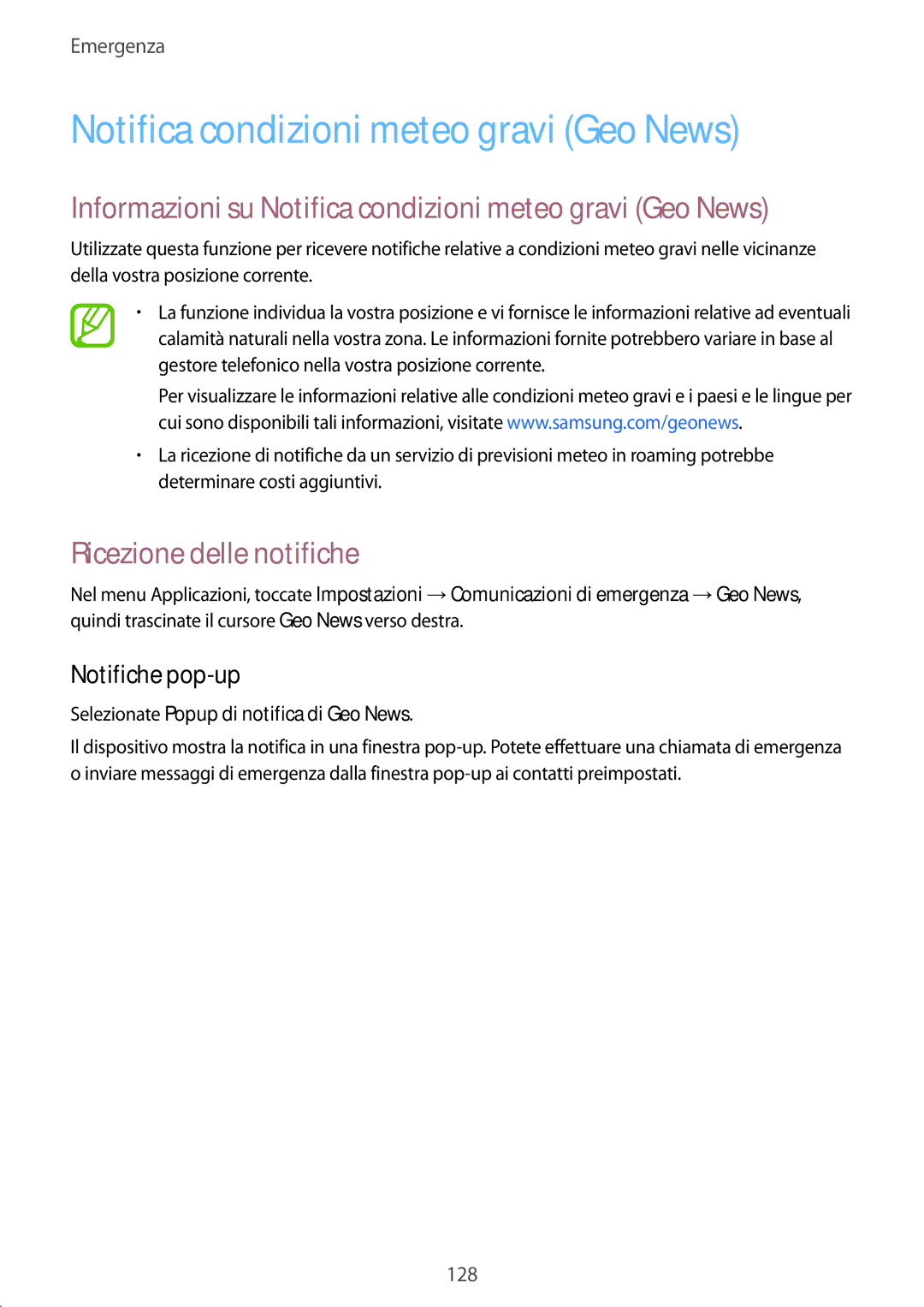 Samsung SM-G900FZKASWC manual Informazioni su Notifica condizioni meteo gravi Geo News, Ricezione delle notifiche 