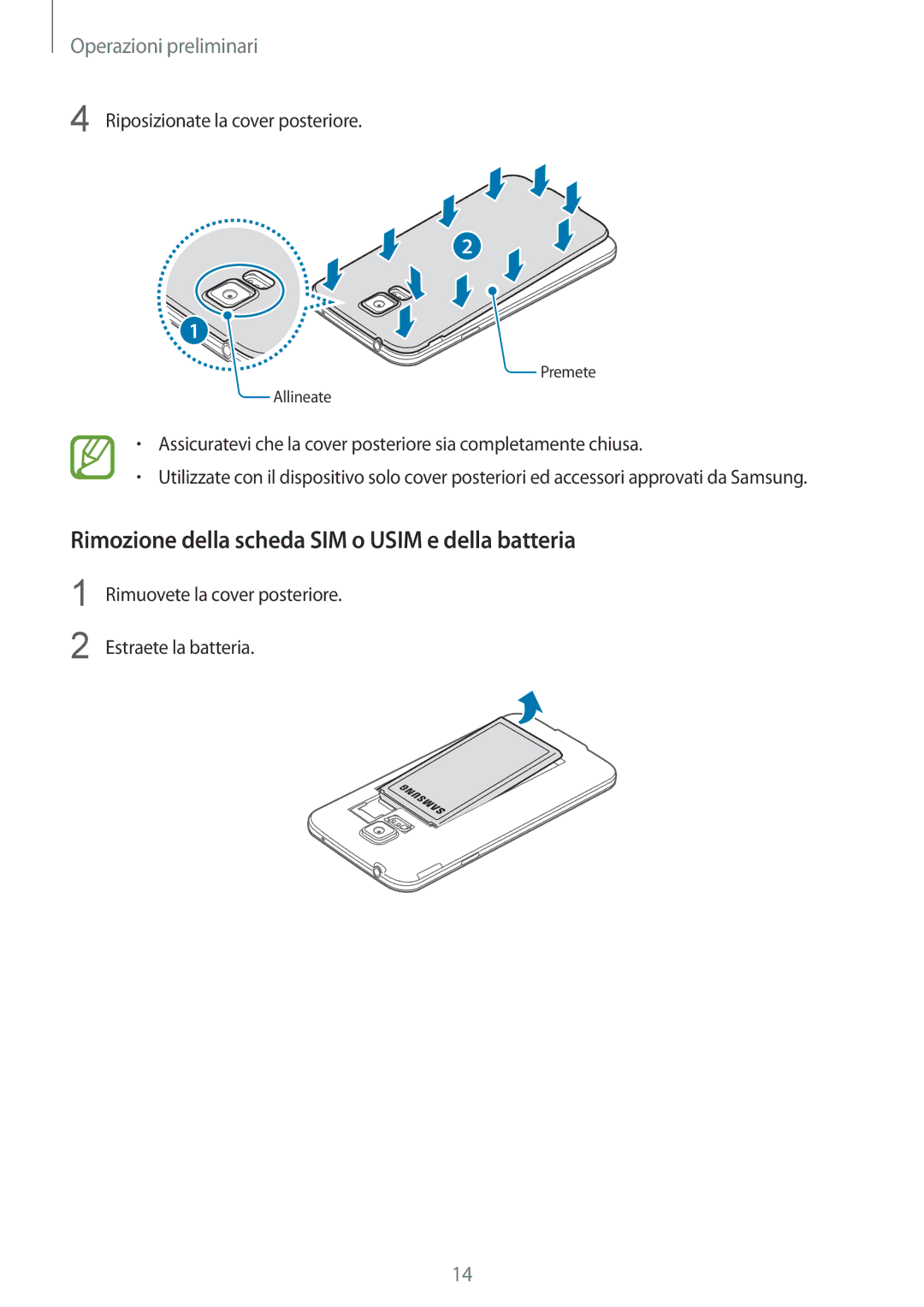 Samsung SM-G900FZWATIM, SM-G900FZKADBT, SM-G900FZWADBT, SM-G900FZDADBT Rimozione della scheda SIM o Usim e della batteria 