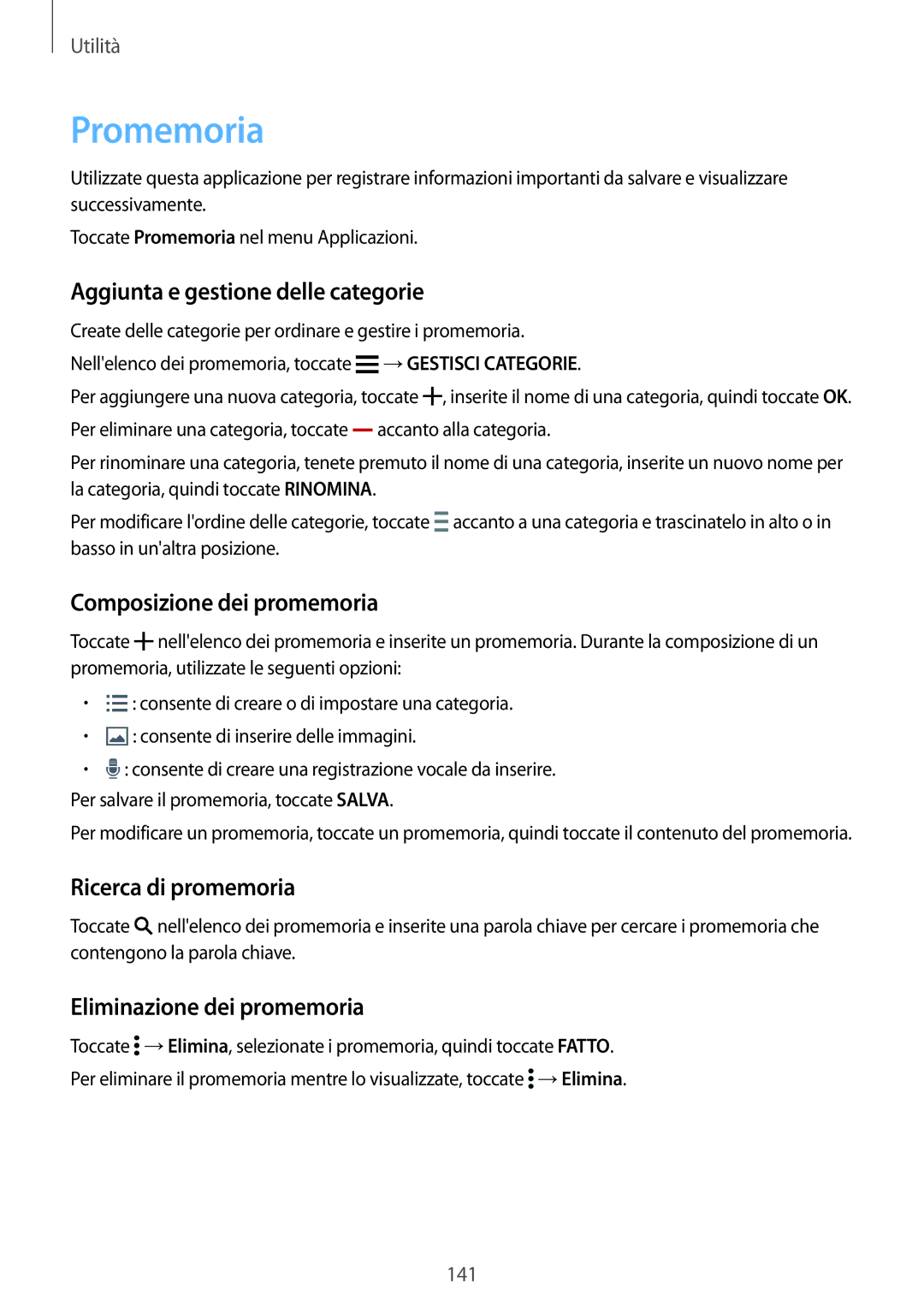 Samsung SM-G900FZKAXEO Promemoria, Aggiunta e gestione delle categorie, Composizione dei promemoria, Ricerca di promemoria 