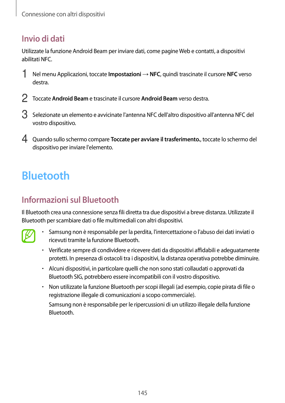 Samsung SM-G900FZKAIDE, SM-G900FZKADBT, SM-G900FZWADBT, SM-G900FZDADBT manual Invio di dati, Informazioni sul Bluetooth 