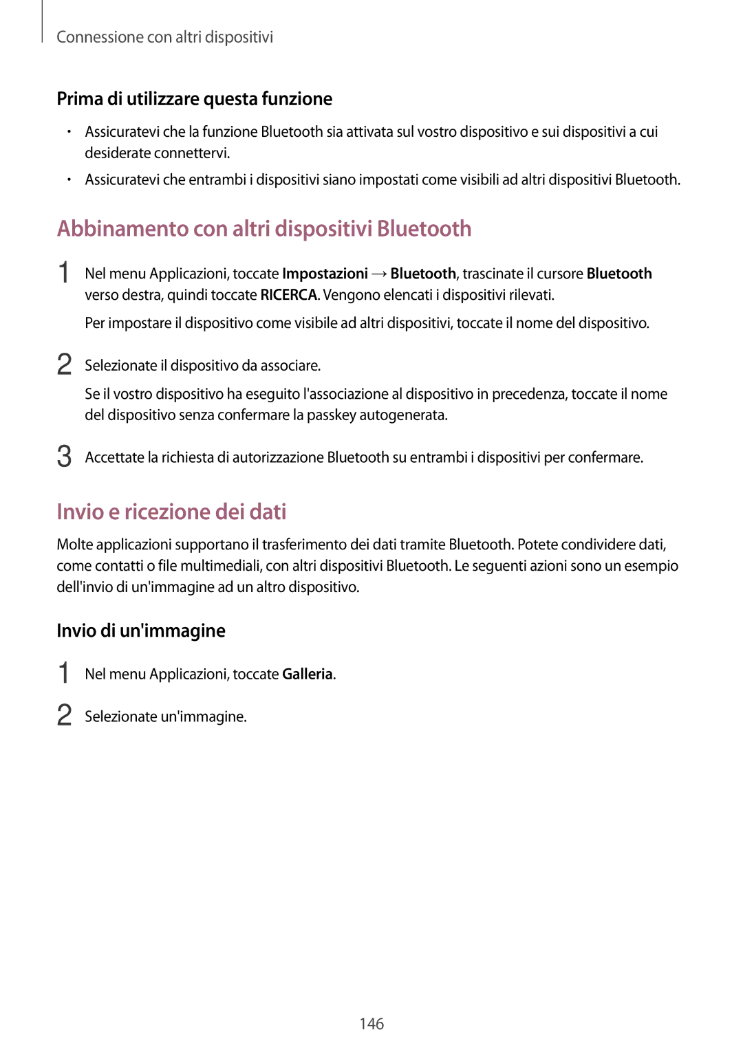 Samsung SM-G900FZKATPL manual Abbinamento con altri dispositivi Bluetooth, Invio e ricezione dei dati, Invio di unimmagine 