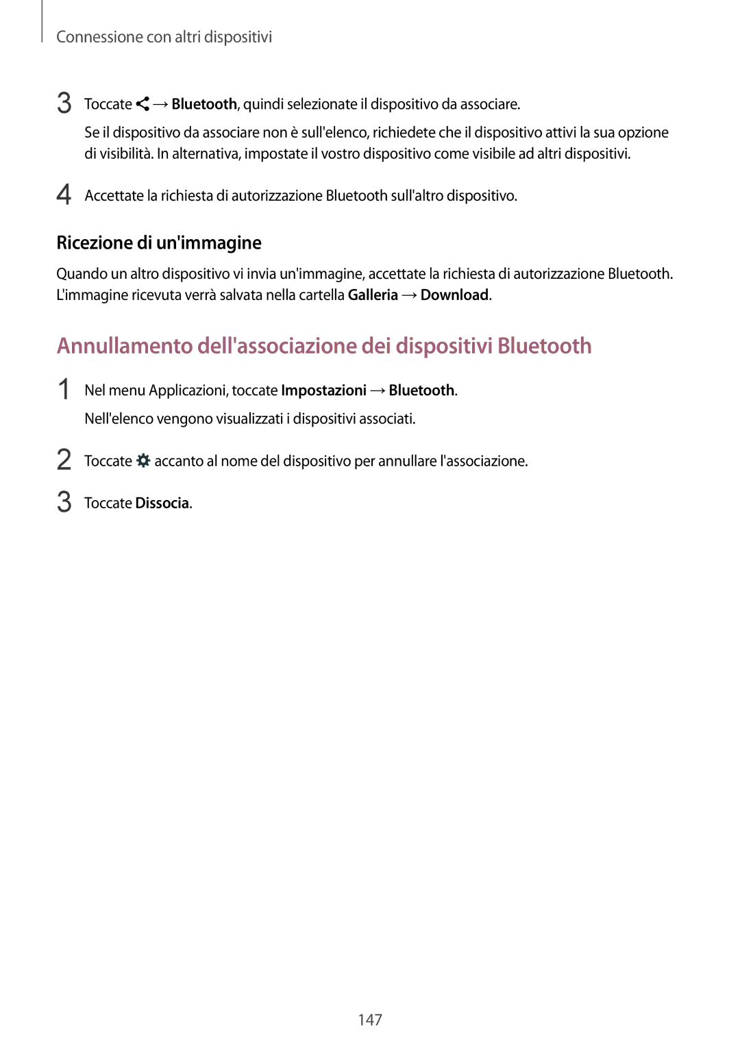 Samsung SM-G900FZWAIDE, SM-G900FZKADBT Annullamento dellassociazione dei dispositivi Bluetooth, Ricezione di unimmagine 