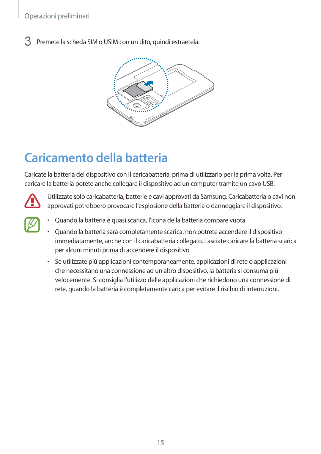 Samsung SM-G900FZBAITV, SM-G900FZKADBT, SM-G900FZWADBT, SM-G900FZDADBT, SM-G900FZKAFTM manual Caricamento della batteria 