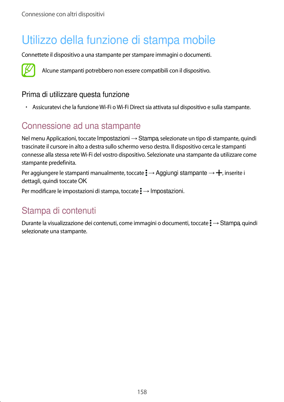 Samsung SM-G900FZKAPLS manual Utilizzo della funzione di stampa mobile, Connessione ad una stampante, Stampa di contenuti 