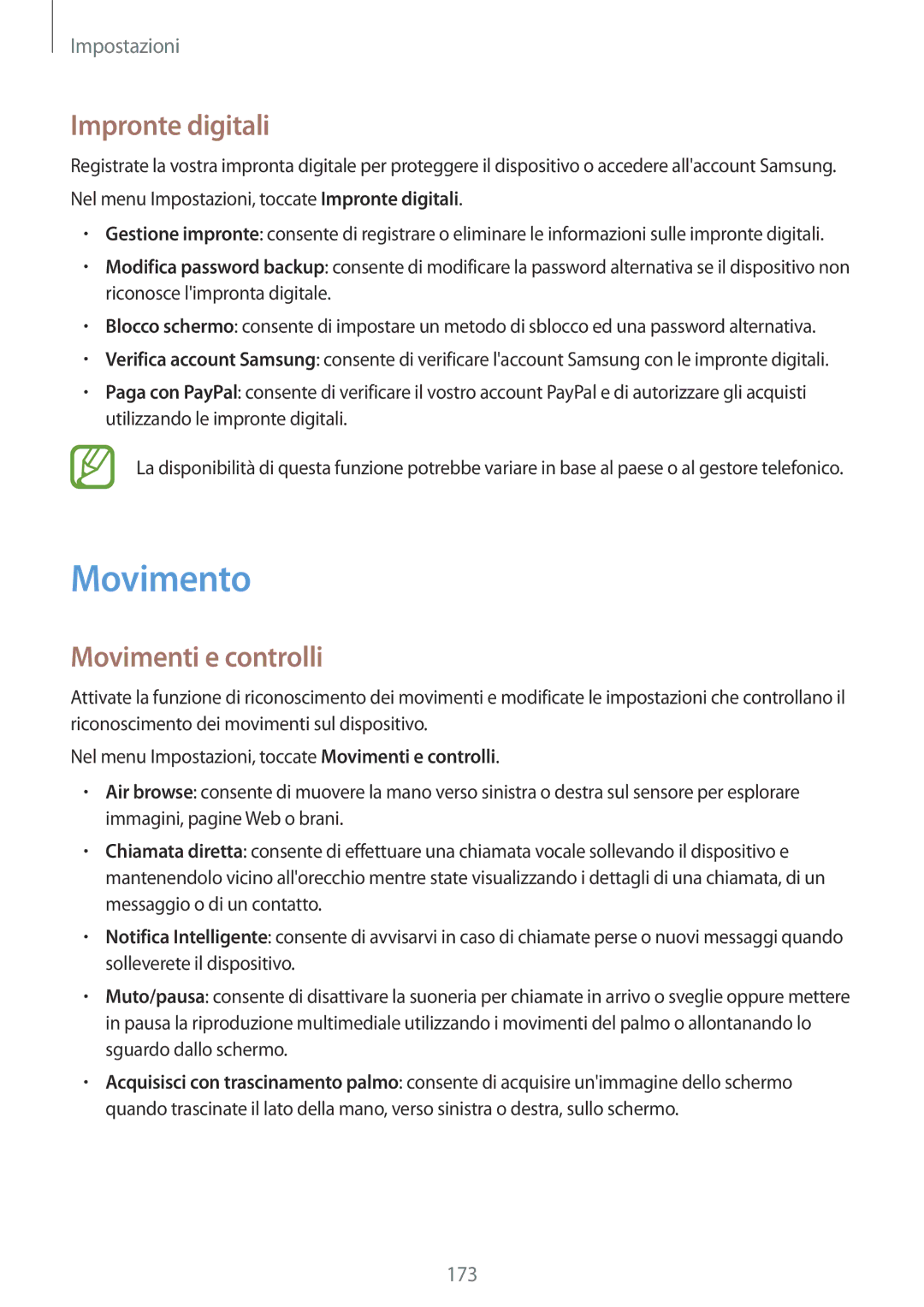 Samsung SM-G900FZKATIM, SM-G900FZKADBT, SM-G900FZWADBT, SM-G900FZDADBT Movimento, Impronte digitali, Movimenti e controlli 