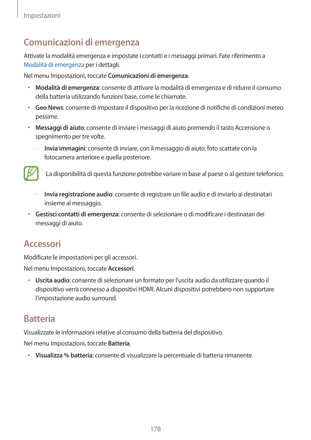 Samsung SM-G900FZWATPH, SM-G900FZKADBT, SM-G900FZWADBT, SM-G900FZDADBT manual Comunicazioni di emergenza, Accessori, Batteria 