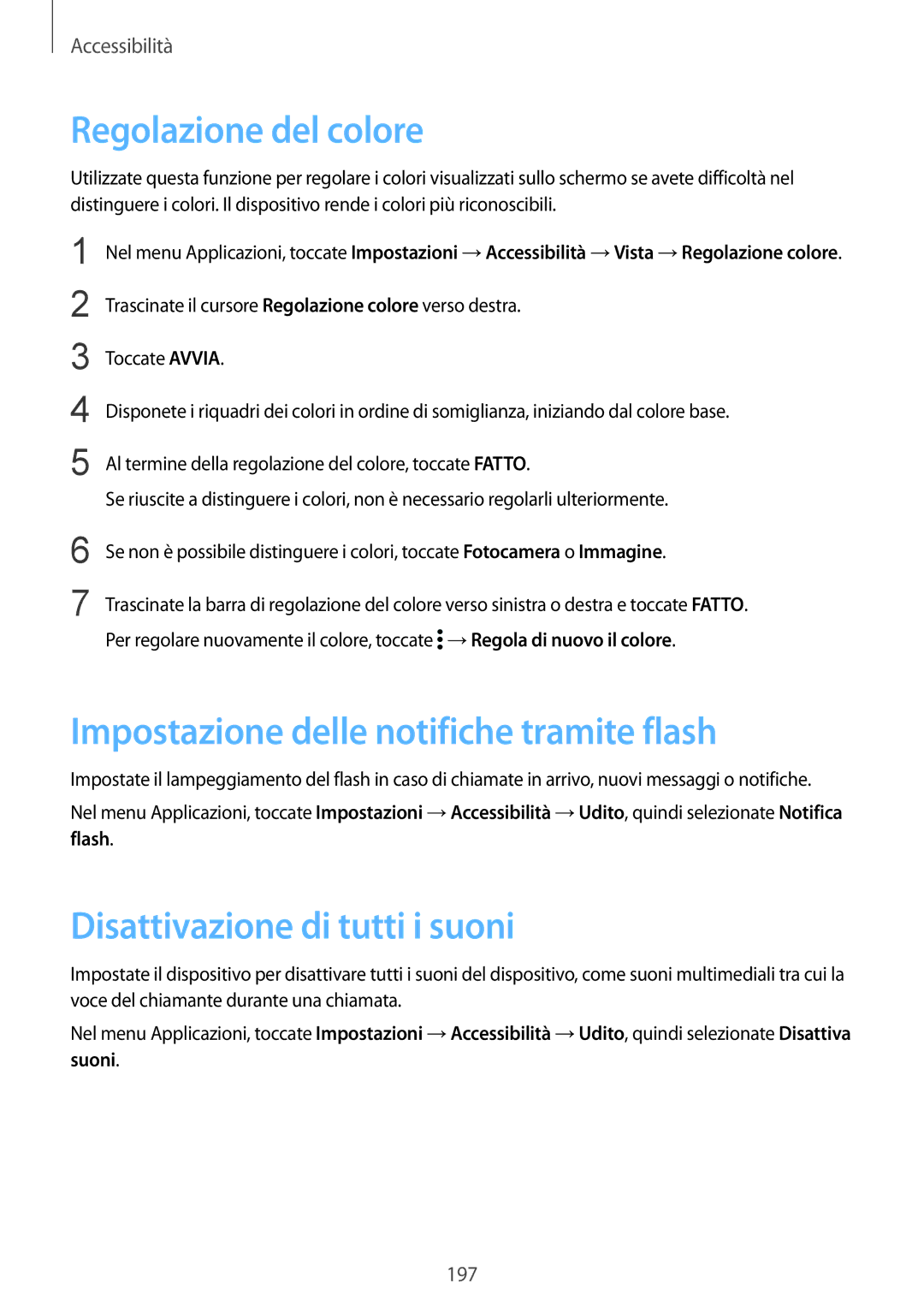 Samsung SM-G900FZKAHUI Regolazione del colore, Impostazione delle notifiche tramite flash, Disattivazione di tutti i suoni 