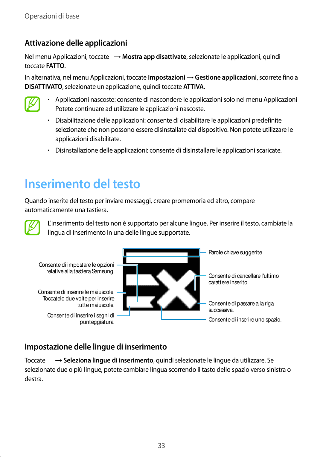 Samsung SM-G900FZKAAUT Inserimento del testo, Attivazione delle applicazioni, Impostazione delle lingue di inserimento 