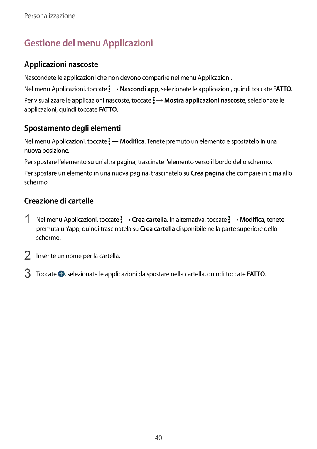 Samsung SM-G900FZBAO2U, SM-G900FZKADBT Gestione del menu Applicazioni, Applicazioni nascoste, Spostamento degli elementi 