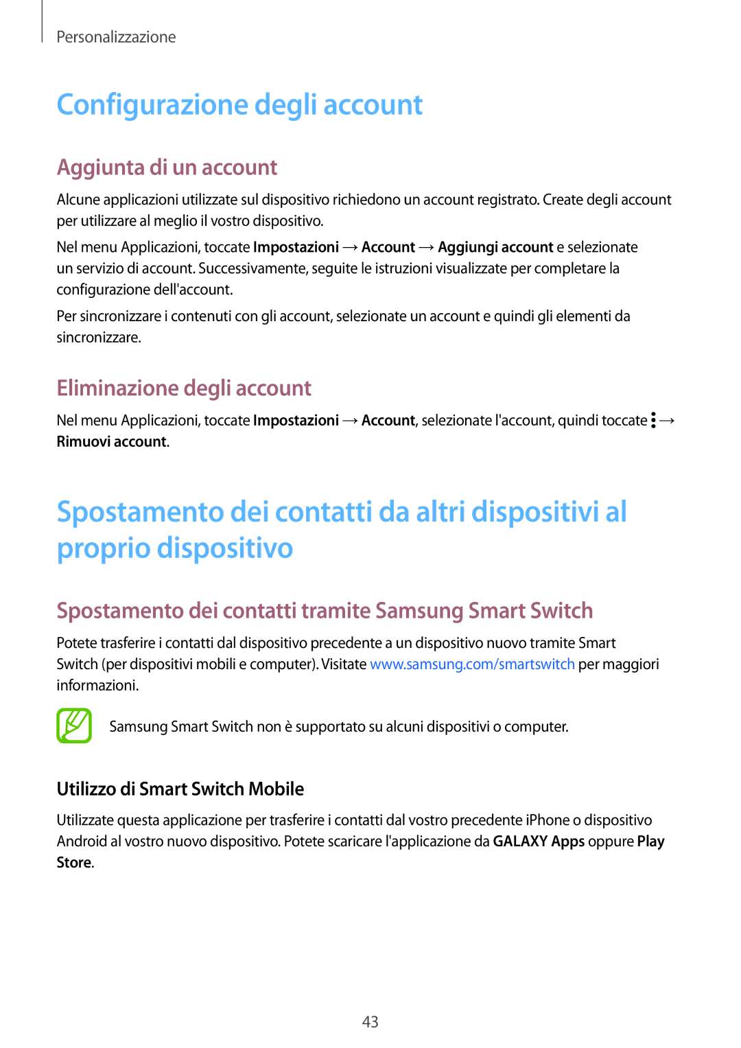 Samsung SM-G900FZKAORX, SM-G900FZKADBT Configurazione degli account, Aggiunta di un account, Eliminazione degli account 