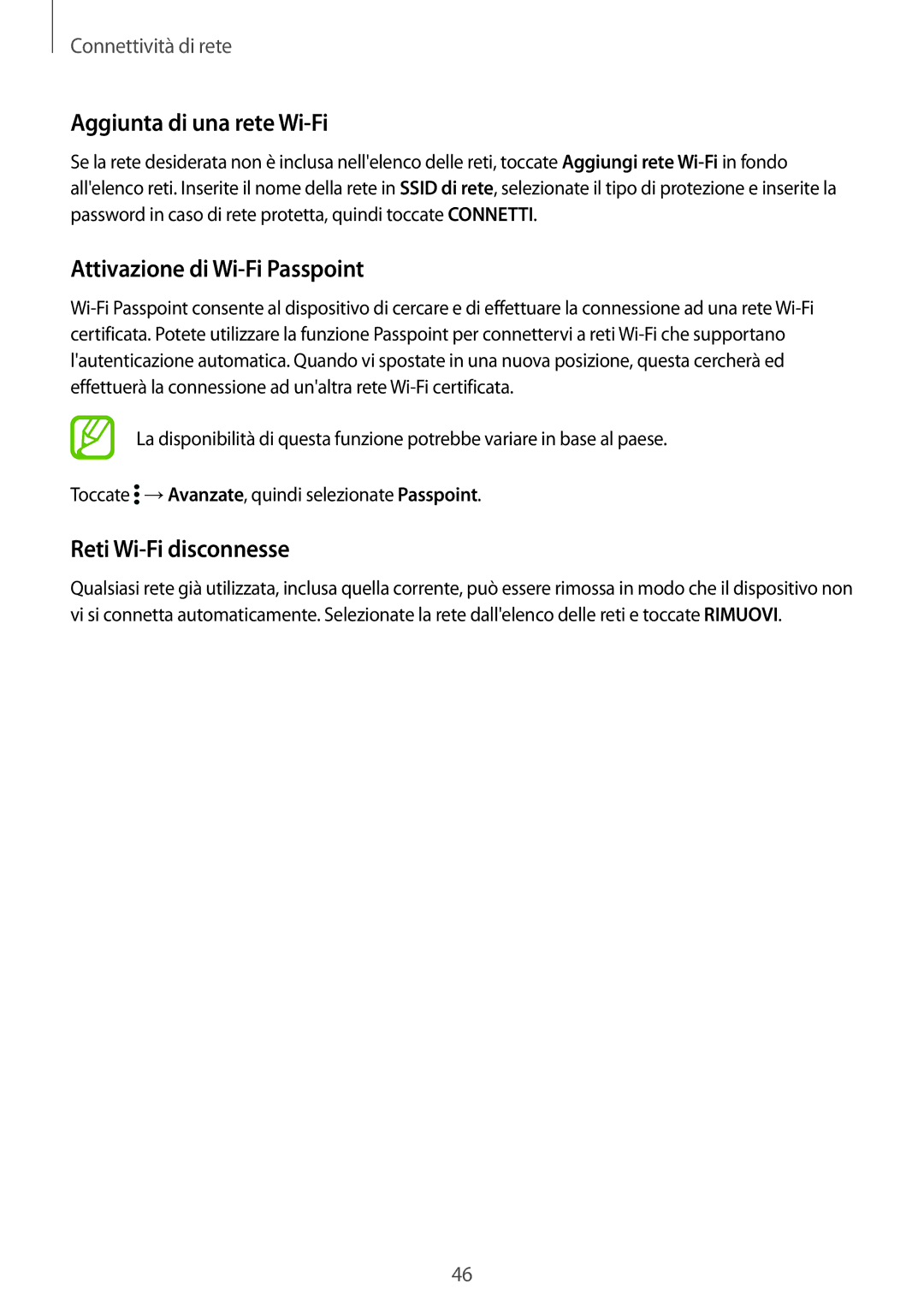 Samsung SM-G900FZBAHUI, SM-G900FZKADBT Aggiunta di una rete Wi-Fi, Attivazione di Wi-Fi Passpoint, Reti Wi-Fi disconnesse 