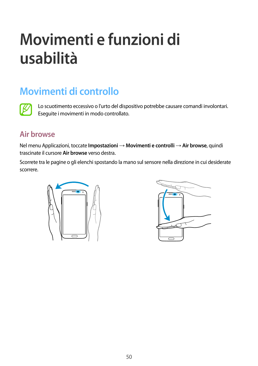 Samsung SM-G900FZWATPL, SM-G900FZKADBT manual Movimenti e funzioni di usabilità, Movimenti di controllo, Air browse 