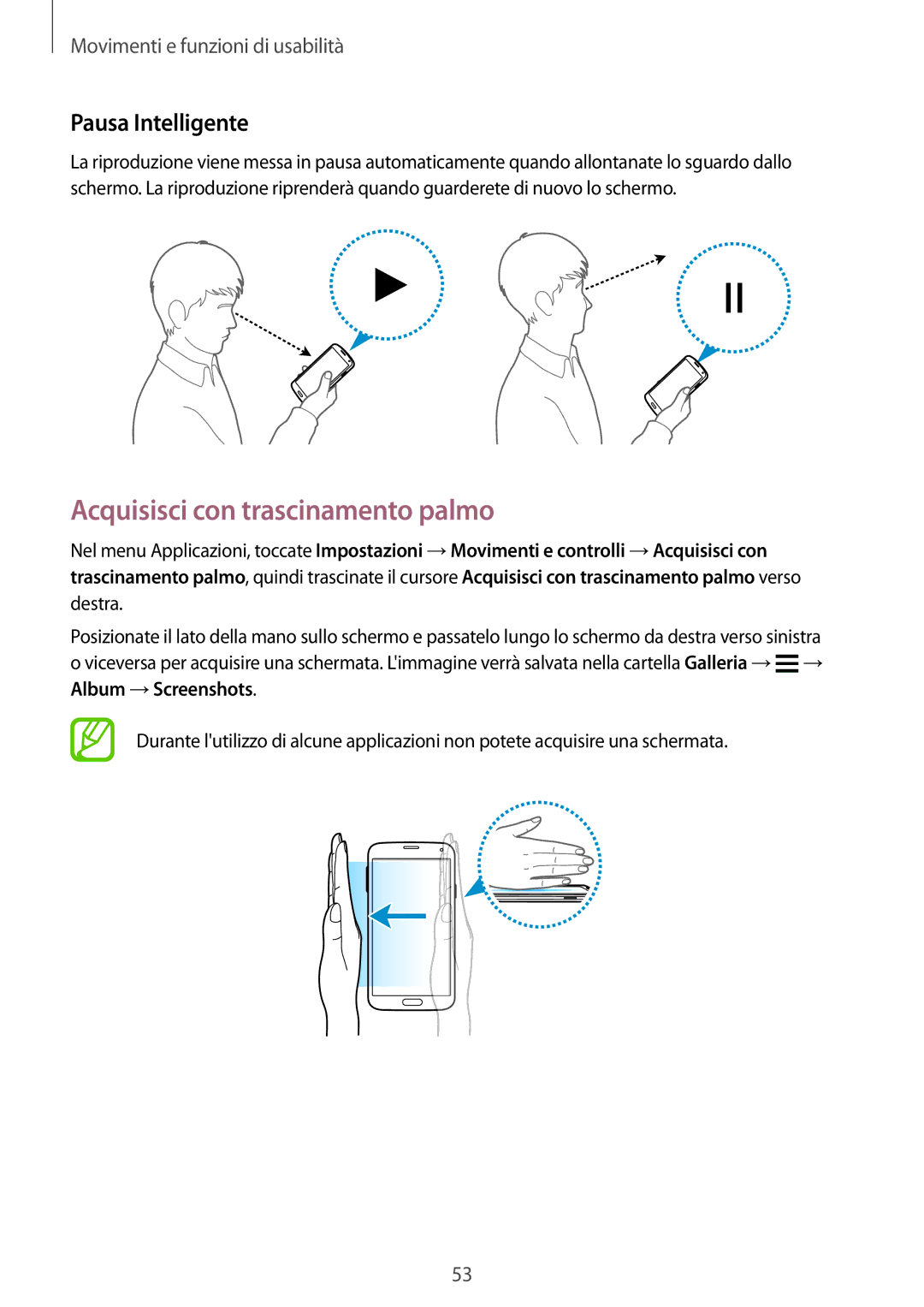 Samsung SM-G900FZKATIM, SM-G900FZKADBT, SM-G900FZWADBT manual Acquisisci con trascinamento palmo, Pausa Intelligente 