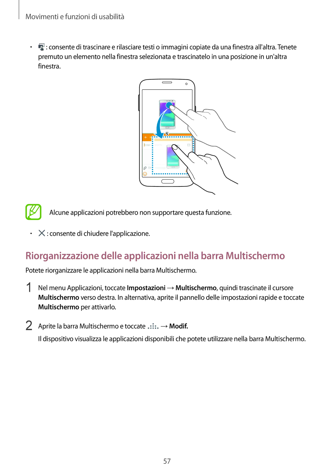 Samsung SM-G900FZWAXEH, SM-G900FZKADBT, SM-G900FZWADBT manual Riorganizzazione delle applicazioni nella barra Multischermo 