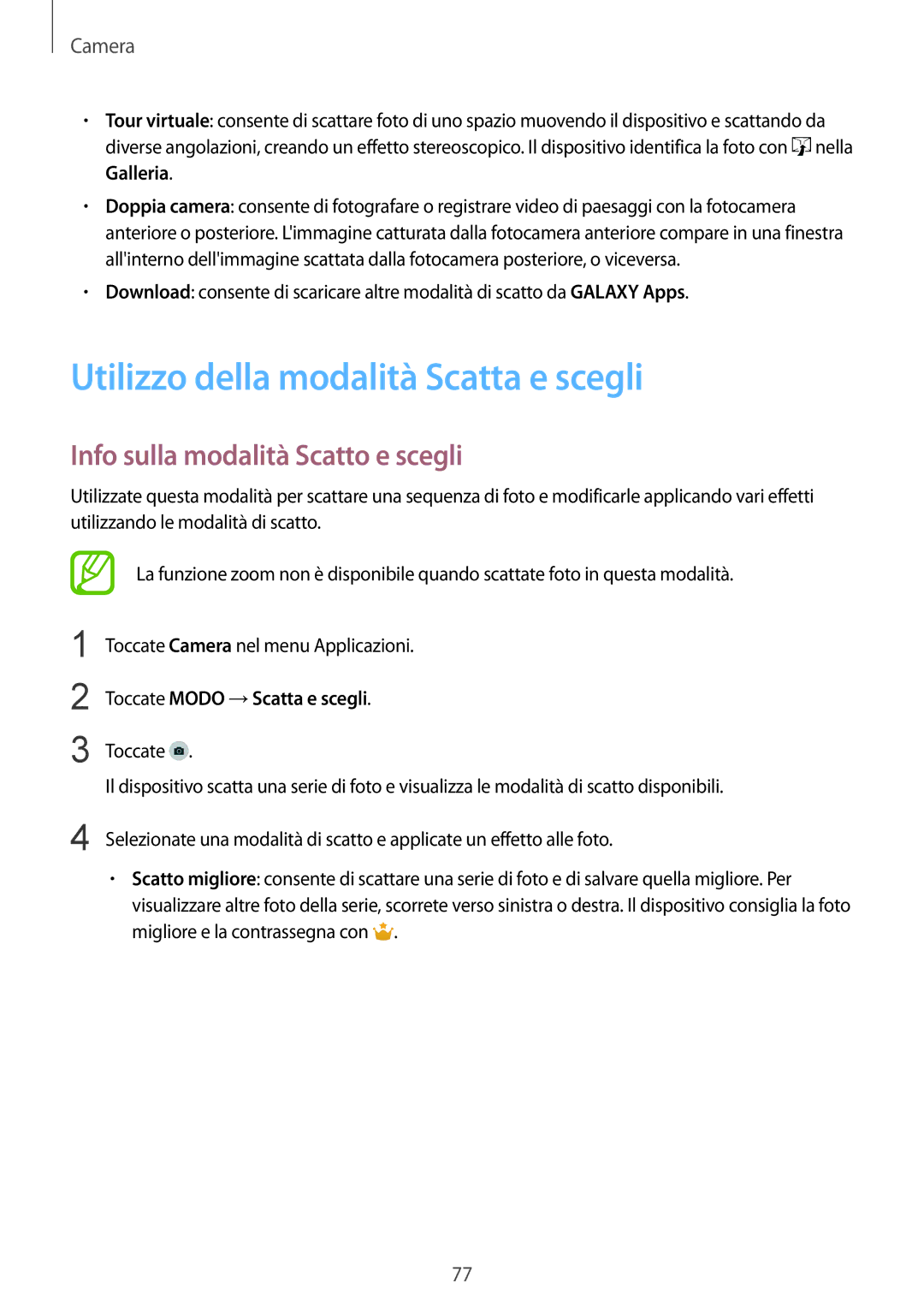 Samsung SM-G900FZKAHUI, SM-G900FZKADBT manual Utilizzo della modalità Scatta e scegli, Info sulla modalità Scatto e scegli 