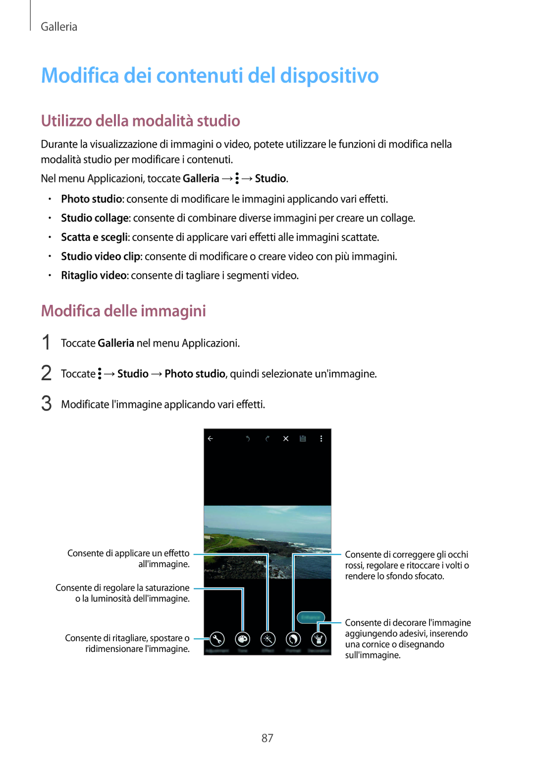 Samsung SM-G900FZWAIDE Modifica dei contenuti del dispositivo, Utilizzo della modalità studio, Modifica delle immagini 