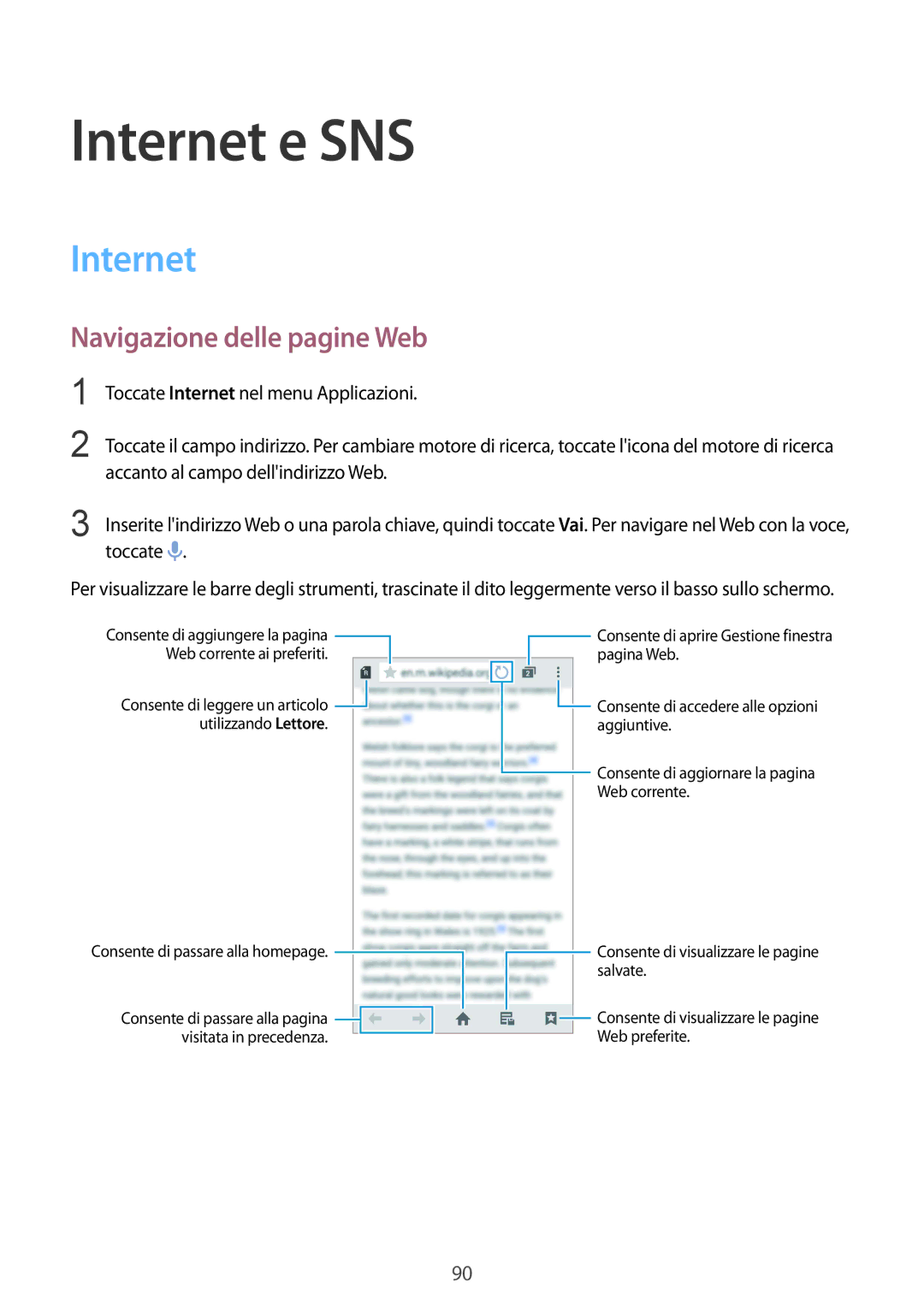 Samsung SM-G900FZKAWIN, SM-G900FZKADBT, SM-G900FZWADBT, SM-G900FZDADBT manual Internet e SNS, Navigazione delle pagine Web 