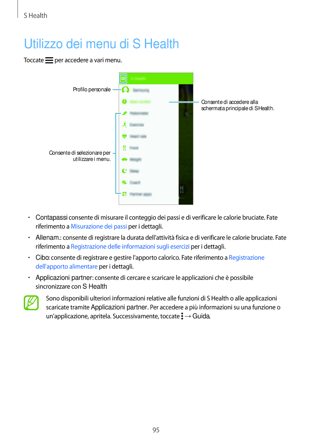 Samsung SM-G900FZBAWIN, SM-G900FZKADBT, SM-G900FZWADBT manual Utilizzo dei menu di S Health, Toccate per accedere a vari menu 