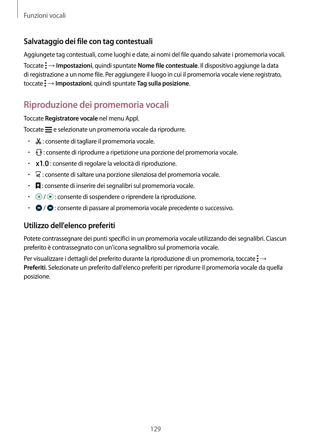 Samsung SM-G900FZKAPRT, SM-G900FZKADBT manual Riproduzione dei promemoria vocali, Salvataggio dei file con tag contestuali 