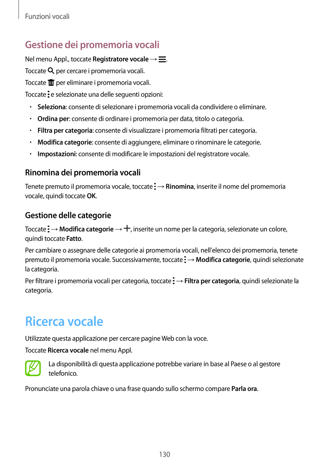 Samsung SM-G900FZKAAMO, SM-G900FZKADBT manual Ricerca vocale, Gestione dei promemoria vocali, Rinomina dei promemoria vocali 