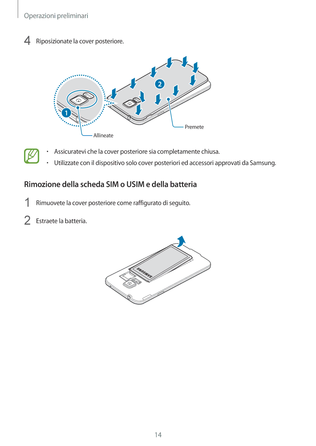 Samsung SM-G900FZWATIM, SM-G900FZKADBT, SM-G900FZWADBT, SM-G900FZDADBT Rimozione della scheda SIM o Usim e della batteria 