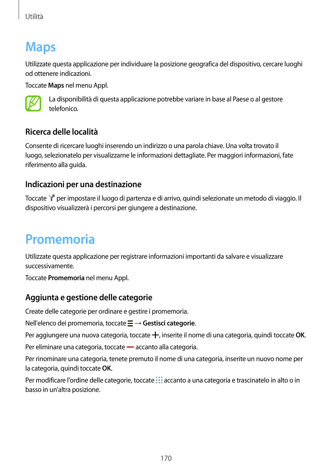 Samsung SM-G900FZWATPL, SM-G900FZKADBT manual Maps, Promemoria, Ricerca delle località, Indicazioni per una destinazione 