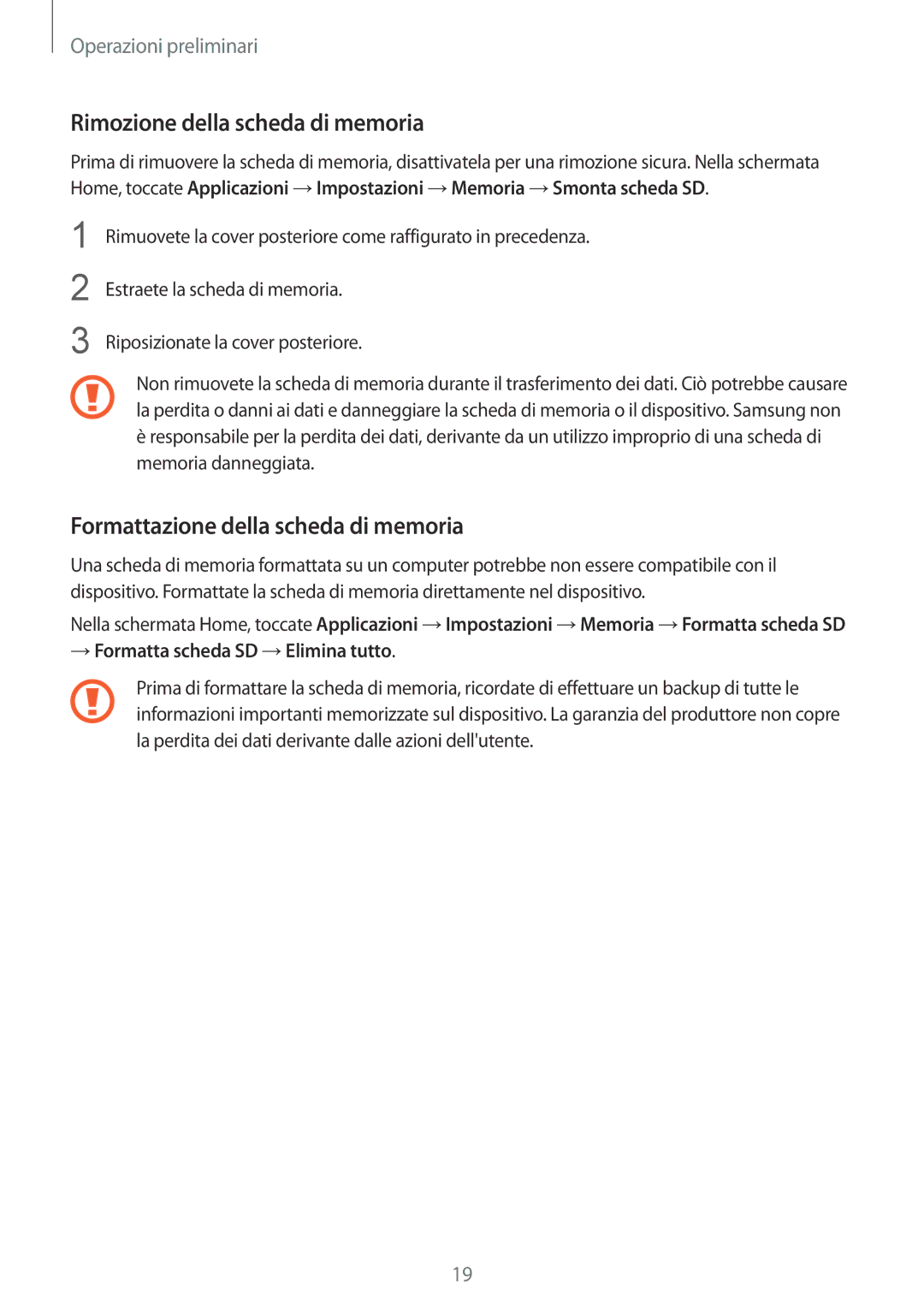 Samsung SM-G900FZKAOMN, SM-G900FZKADBT manual Rimozione della scheda di memoria, Formattazione della scheda di memoria 