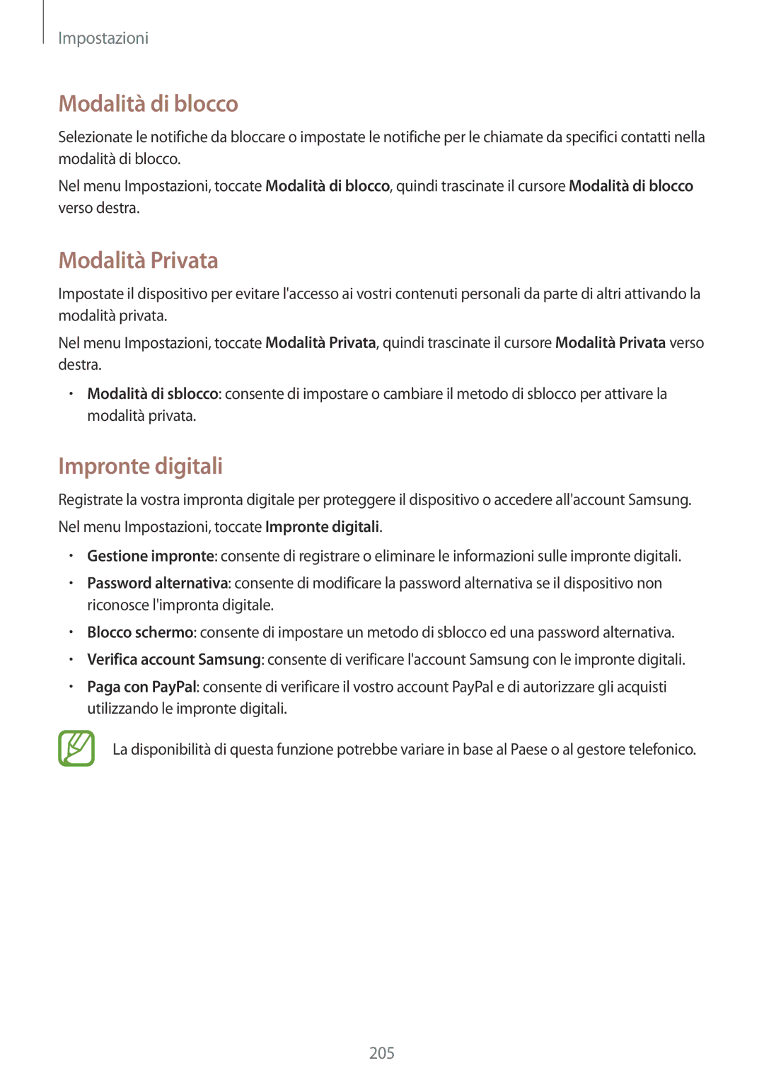 Samsung SM-G900FZKAIDE, SM-G900FZKADBT, SM-G900FZWADBT manual Modalità di blocco, Modalità Privata, Impronte digitali 