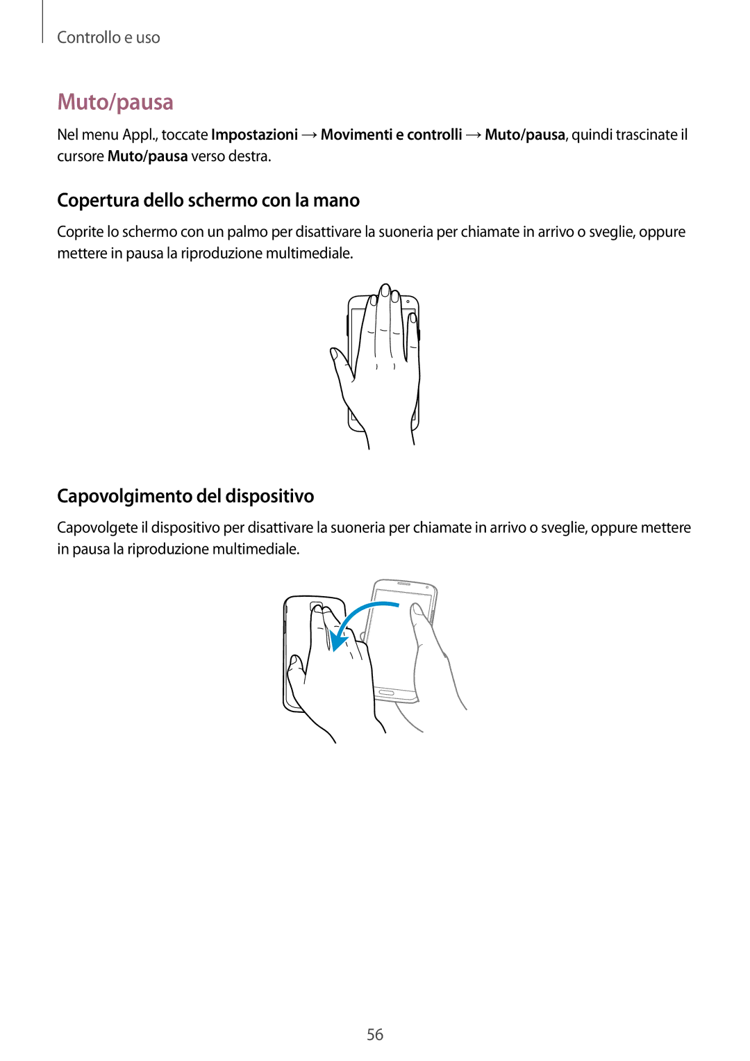 Samsung SM-G900FZWAXEO, SM-G900FZKADBT Muto/pausa, Copertura dello schermo con la mano, Capovolgimento del dispositivo 