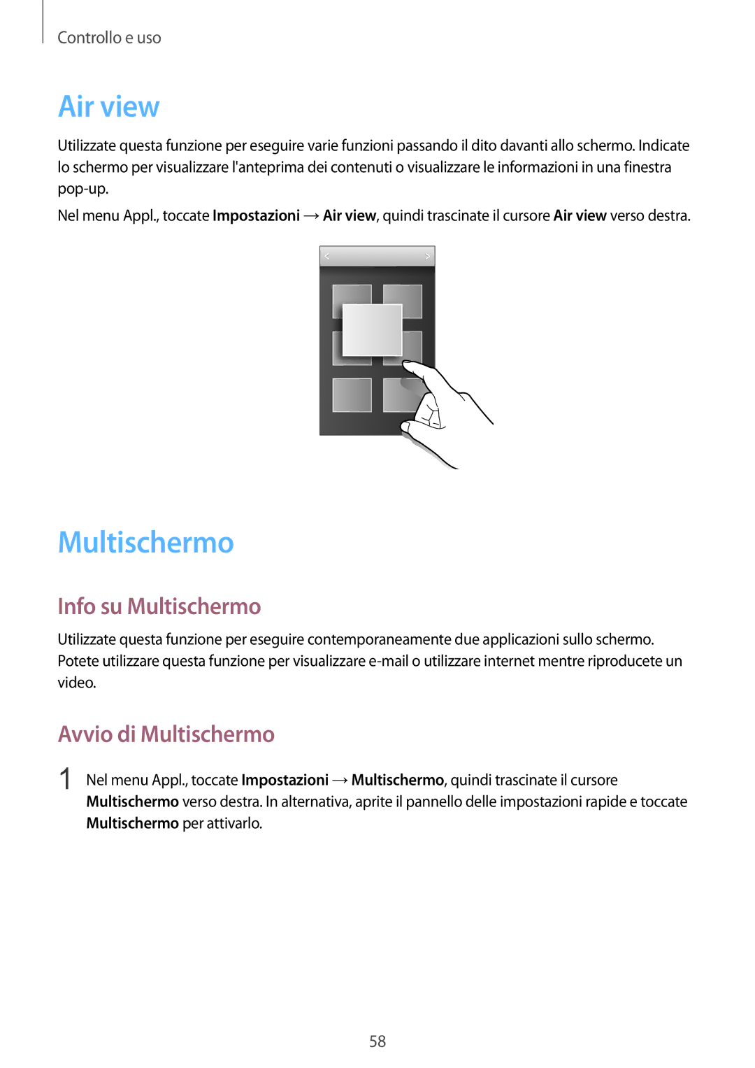 Samsung SM-G900FZWATPH, SM-G900FZKADBT, SM-G900FZWADBT manual Air view, Info su Multischermo, Avvio di Multischermo 