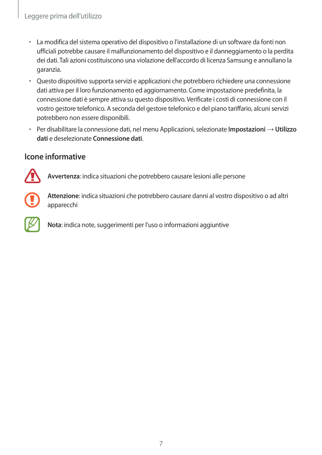 Samsung SM-G900FZWAATO, SM-G900FZKADBT, SM-G900FZWADBT, SM-G900FZDADBT manual Icone informative, Leggere prima dellutilizzo 