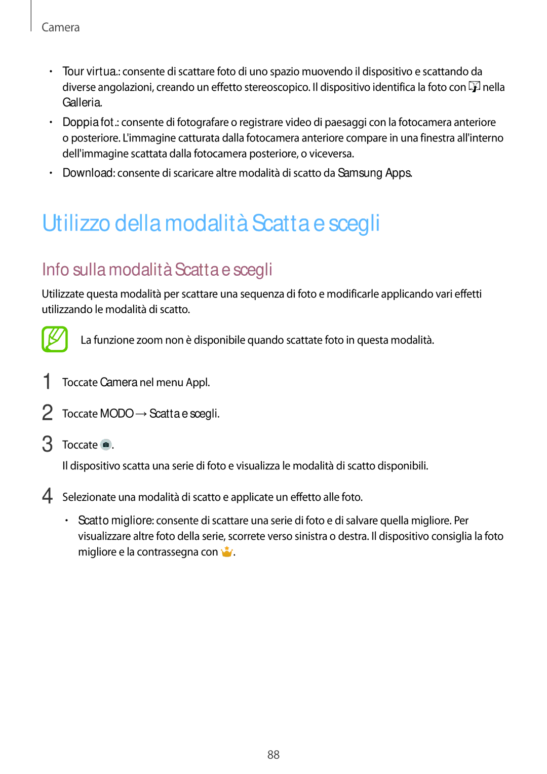 Samsung SM-G900FZWAAUT, SM-G900FZKADBT manual Utilizzo della modalità Scatta e scegli, Info sulla modalità Scatta e scegli 