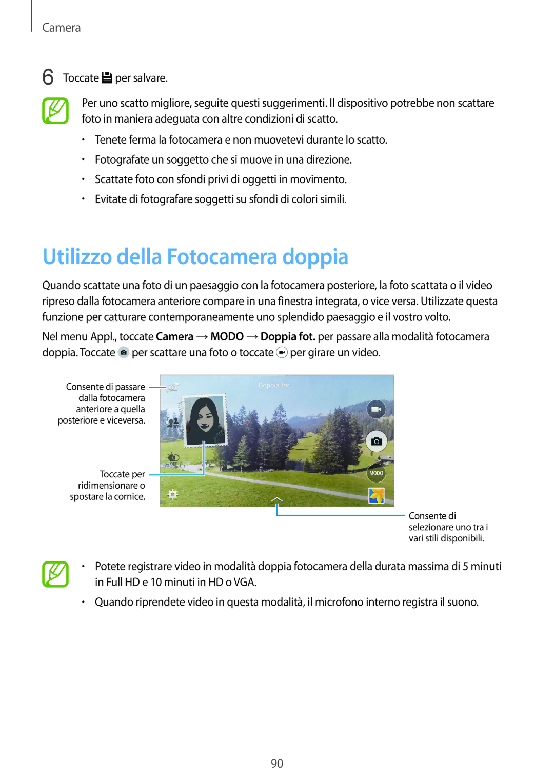 Samsung SM-G900FZKAWIN, SM-G900FZKADBT, SM-G900FZWADBT, SM-G900FZDADBT, SM-G900FZKAFTM manual Utilizzo della Fotocamera doppia 