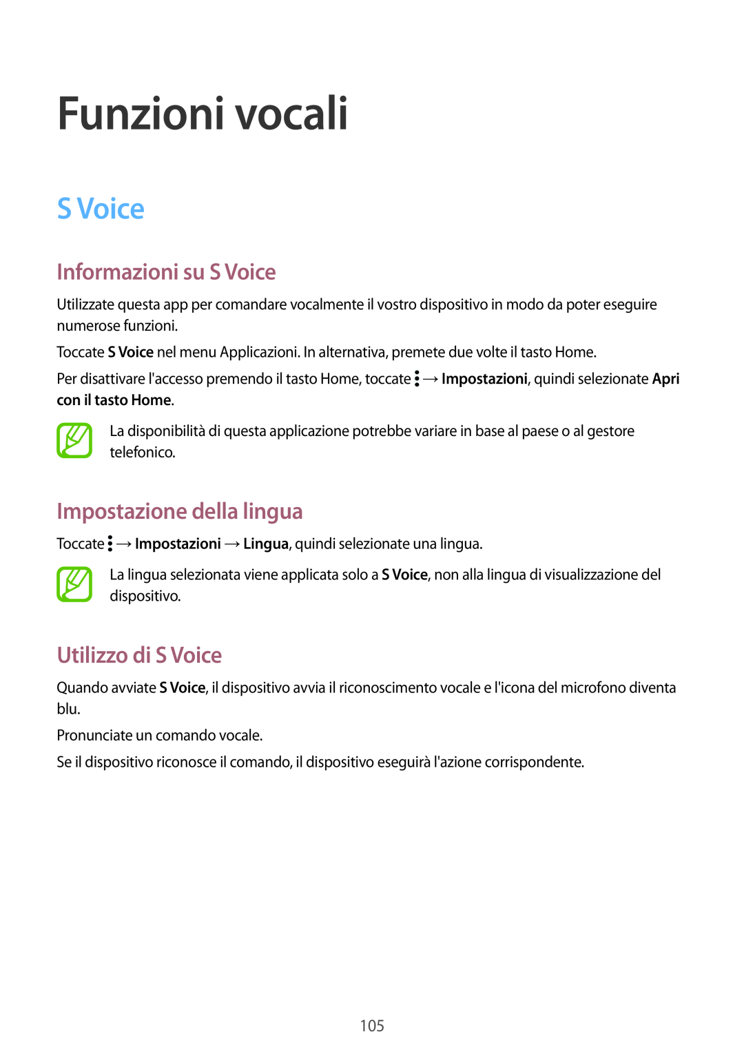 Samsung SM-G900FZDAOMN manual Funzioni vocali, Informazioni su S Voice, Impostazione della lingua, Utilizzo di S Voice 