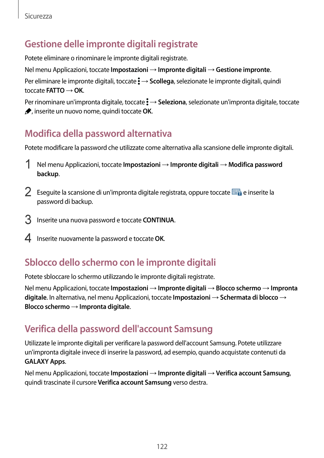 Samsung SM-G900FZDADBT manual Gestione delle impronte digitali registrate, Modifica della password alternativa, Sicurezza 