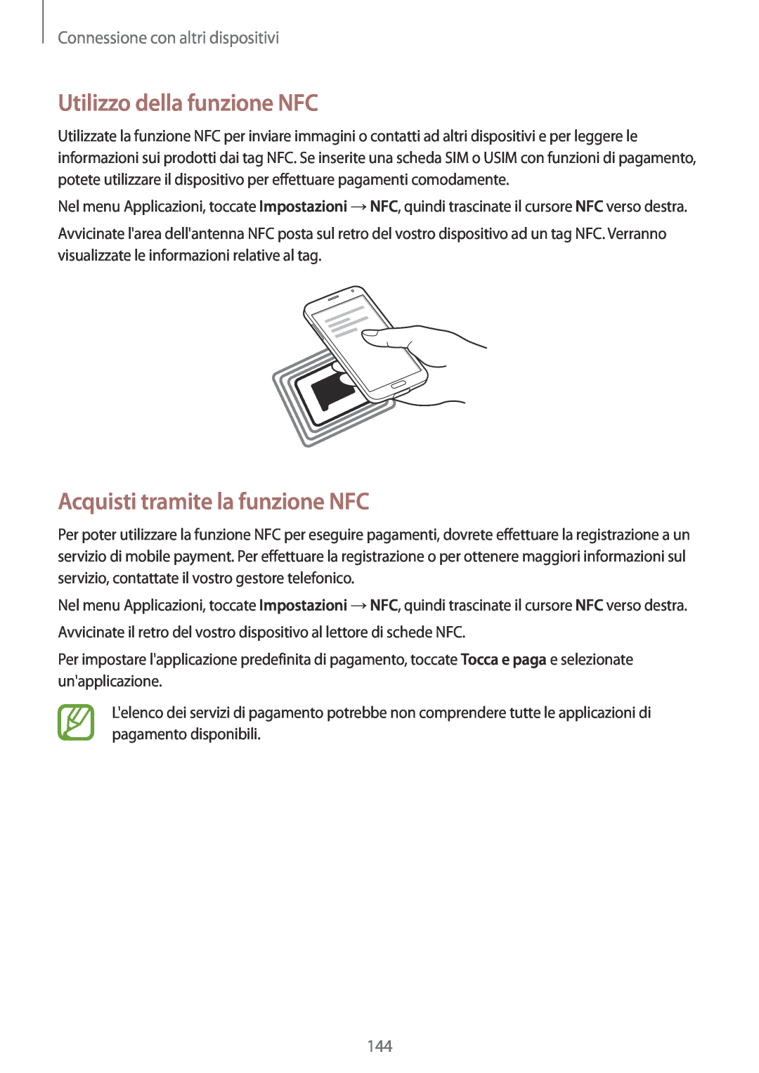 Samsung SM-G900FZDATPL Utilizzo della funzione NFC, Acquisti tramite la funzione NFC, Connessione con altri dispositivi 