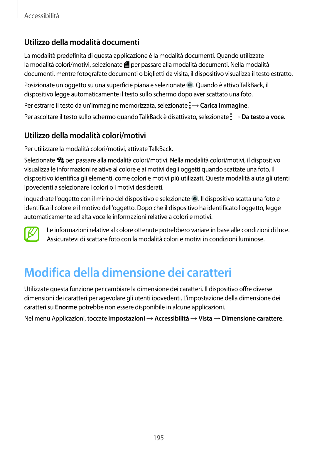 Samsung SM-G900FZBAITV manual Modifica della dimensione dei caratteri, Utilizzo della modalità documenti, Accessibilità 